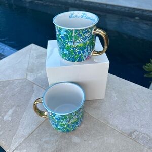 Lilly Pulitzer “Let’s Flamingo” Set of Two Coffee Mugs with Gold Tone Handles